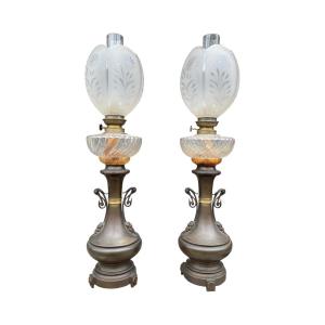 Important Pair Of Oil Lamps, Napoleon III Period - High. : 66 Cm. 