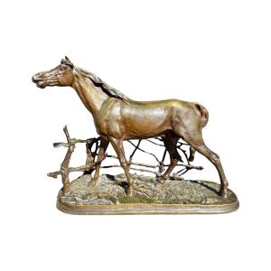 Pierre Jules Mène - Bronze Cheval à La Barrière - Larg. : 36 Cm. 