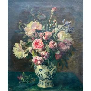 Dominique Rozier (1840-1901)- Vase De Fleurs, Huile Sur Toile - Haut : 65 Cm.