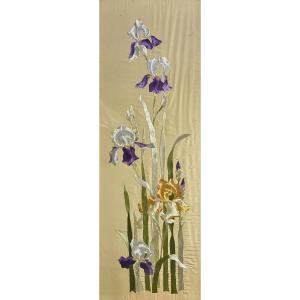 Needlework On Silk, Irises - Height: 111 Cm. 