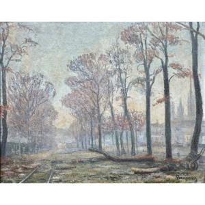 André Bournisien (xxe), Cours De La Reine à Rouen, Huile Sur Toile - Larg. : 81 Cm. 