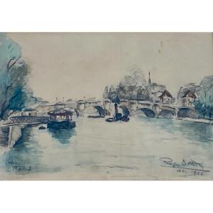 Roger Bertin (1915-2003), Le Pont Neuf, 1956 - Aquarelle Et Fusain - Larg. : 56 Cm. 