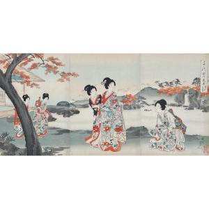 Chikanobu Yoshu (1838-1912), Triptyques D’estampes Japonaises - Larg. : 71,5 Cm. 