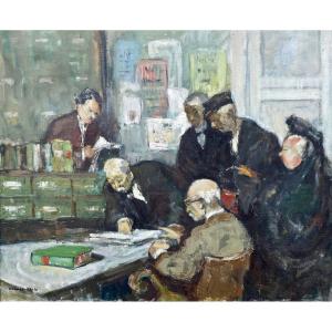 Claude Marin (1914-2001), At The Notary, Oil On Canvas - Width: 61 Cm. 