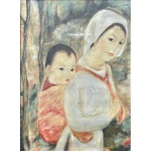 École D’hanoi, Vietnam, Indochine, Femme à L’enfant, Huile Sur Toile - Haut. 73 Cm. 