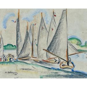 André Delauzières (1904-1941), The Sailboats, 1928, Watercolor And Charcoal - Width: 40 Cm.