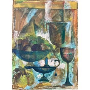 Gaspare Da Brescia (1955), Nature Morte à La Coupe De Fruit, Lampe à Huile, Citrons Et Coupes, 