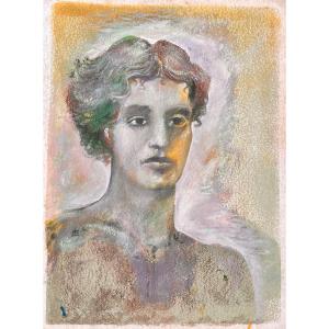 Gaspare Da Brescia (1955), Bust Of A Young Man In Green, Mixed Media On Paper.