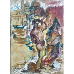 Gaspare Da Brescia (1955), Figure With Globe In Front Of The Lagoon, Mixed Media On Paper.