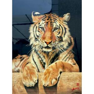 Thanh Ley 款三鱼漆屏, The Tiger, Lacquer On Panel. 