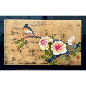 Thanh Ley 款 三鱼漆屏, Oiseau Branché Sur Un Rosier En Fleurs, Laque Sur Panneau. 