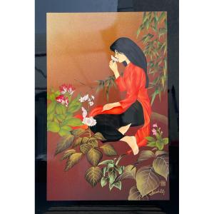 Thanh Ley 款 三鱼漆屏, Young Woman Smelling The Fragrance Of A Flower, Lacquer On Panel. 