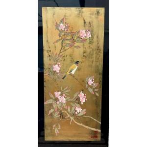 Thanh Ley 款 三鱼漆屏, Bird On A Cherry Blossom Tree, Lacquer On Panel.  