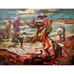 Vietnam (20th Century), Fishermen, Lacquer On Panel - Width: 76 Cm. 