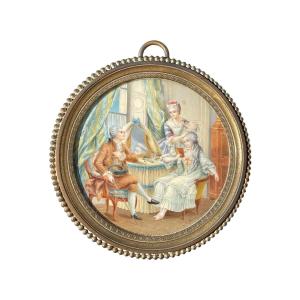 Nicolas Lavreince (1737-1807) - Miniature Circulaire Sur Ivoire, La Visite - Diam : 7,5 Cm. 