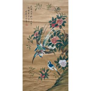 China, 19th Century - Branched Birds - Gouache On Paper - Height 80 Cm. 