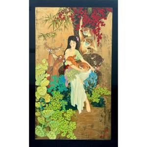 Nguyễn Than Lễy (1919-2003) - Jeune Fille Aux Animaux - Laque - Haut. : 120,5 Cm. 