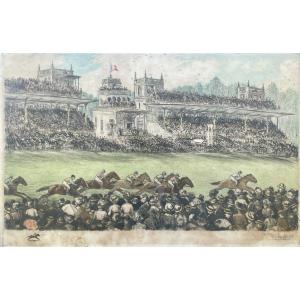 Jean-françois Raffaelli (1850-1924) - Le Grand Prix De Paris, 1906 - Lithographie - L. 103 Cm.