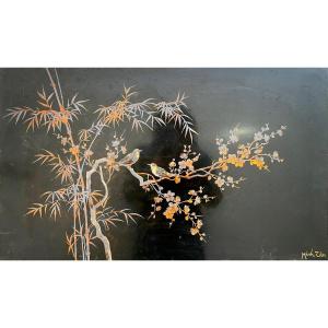 Minh Tân (xxe) - Oiseaux Branchés - Laque Sur Panneau - Larg. : 81 Cm. 