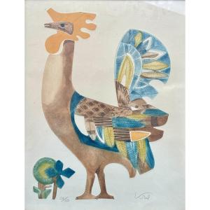 Abraham Krol (1919-2005) - Le Coq - Lithographie Encadrée- Haut. : 64 Cm. 