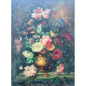 Gaspar (20th Century) - Vase Of Flowers On An Entablature - Oil On Canvas - Height: 102 Cm. 