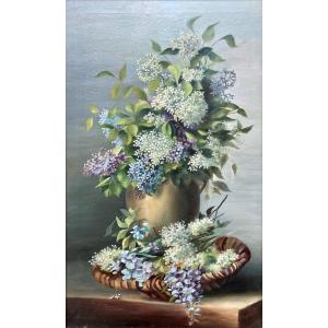 French School Napoleon III - Vase And Basket Of Flowers - Height: 90 Cm. 