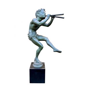 Edouard Drouot - Faun Playing With Aulos, Bronze With Green Patina - Height: 55 Cm. 