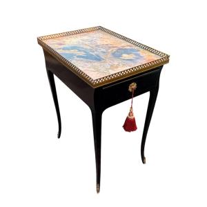 Black Lacquered Wood And Marble Flying Table, Louis XV Style - Height 75 Cm. 