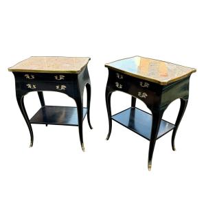 Pair Of Bedside Tables In Black Lacquered Wood And Breccia Marble, Louis XV Style - Height: 71 Cm. 