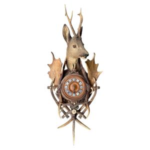 Black Forest Wall Clock In Polychrome Carved Wood And Deer Antlers - Height: 107 