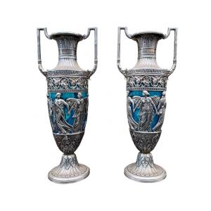 Pair Of Decorative Vases In Silver Metal And Blue Glass - Napoleon III Period - Height: 40 Cm.