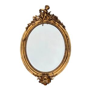 Important Miroir Oval En Bois Et Composition Dorés, Napoléon III - Haut. : 123 Cm. 