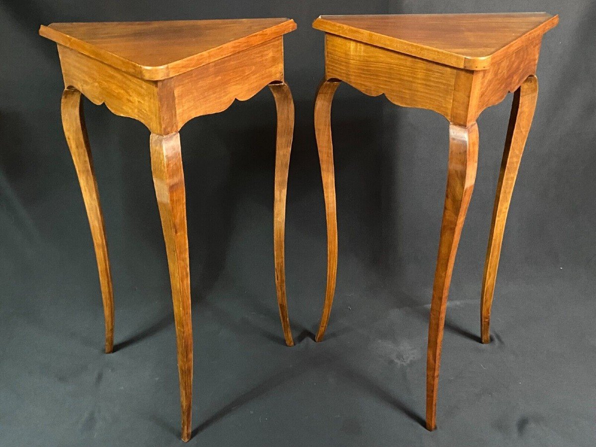 Pair Of Corner Corner Tables With Blond Walnut Drawer Louis XV Style-photo-3