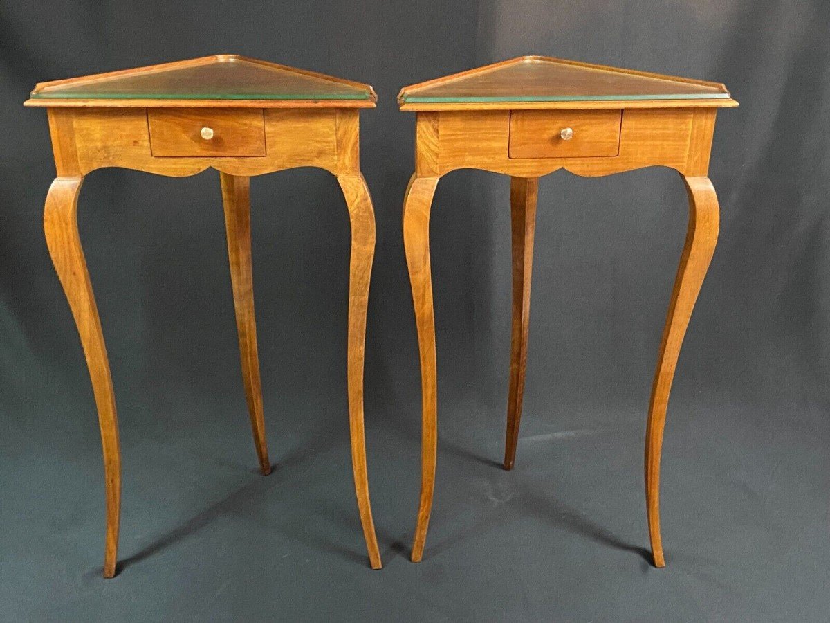 Pair Of Corner Corner Tables With Blond Walnut Drawer Louis XV Style-photo-7