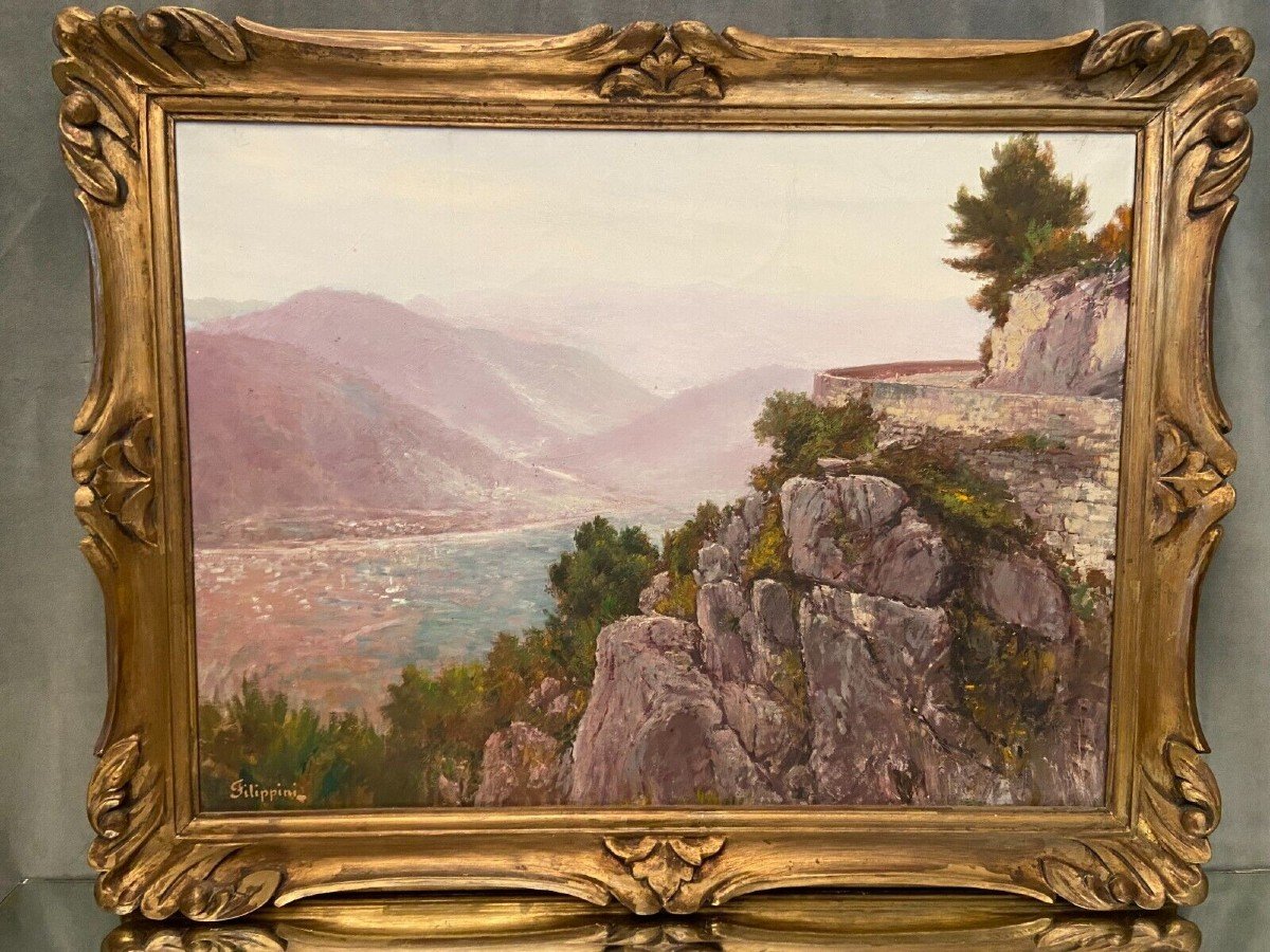 Painting Francesco Felippini 1853-1895 View Route Grande Corniche Nice Menton