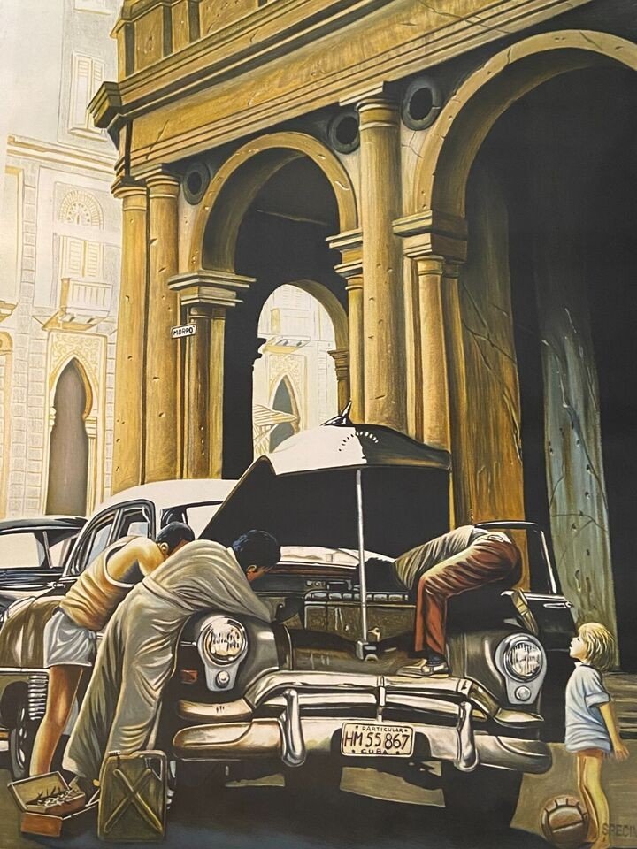 Large Lithograph Alain Bertrand "curiosity" Scene Of Life In Cuba 21/300