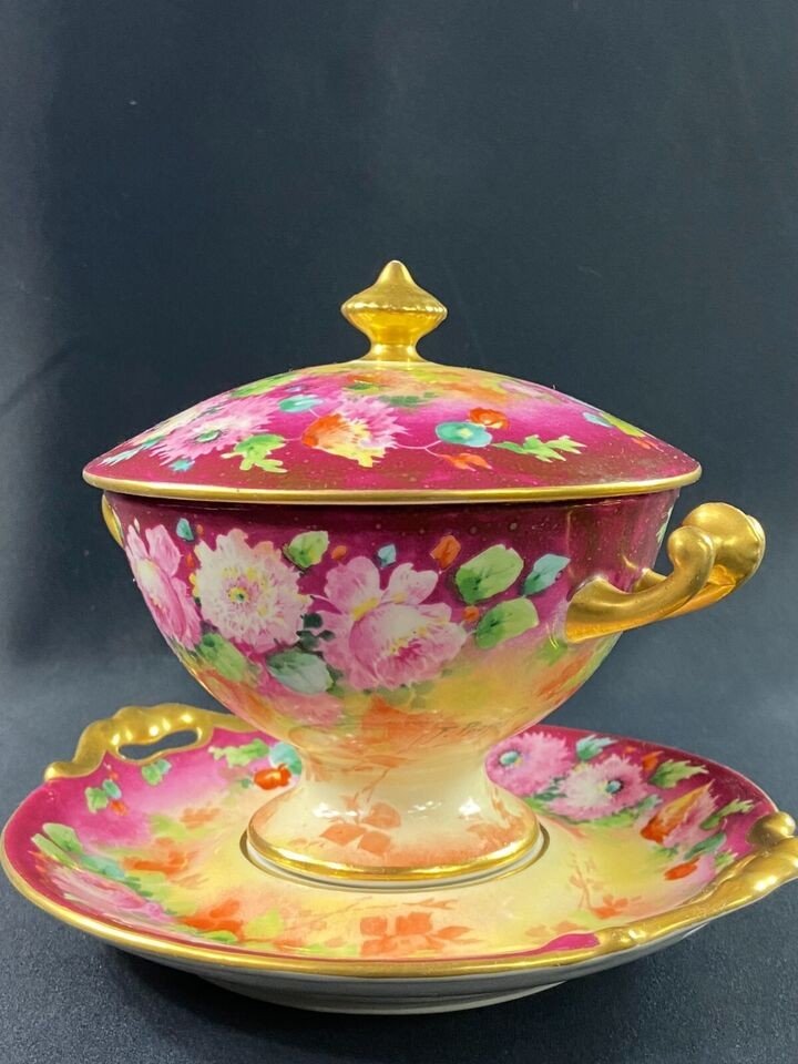 Tasse Trembleuse Confiturier Drageoir Porcelaine à Décor Floral Style Louis XV signé F. Poujol-photo-3