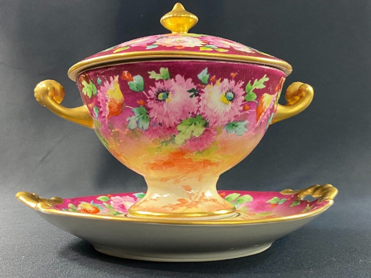 Tasse Trembleuse Confiturier Drageoir Porcelaine à Décor Floral Style Louis XV signé F. Poujol-photo-4