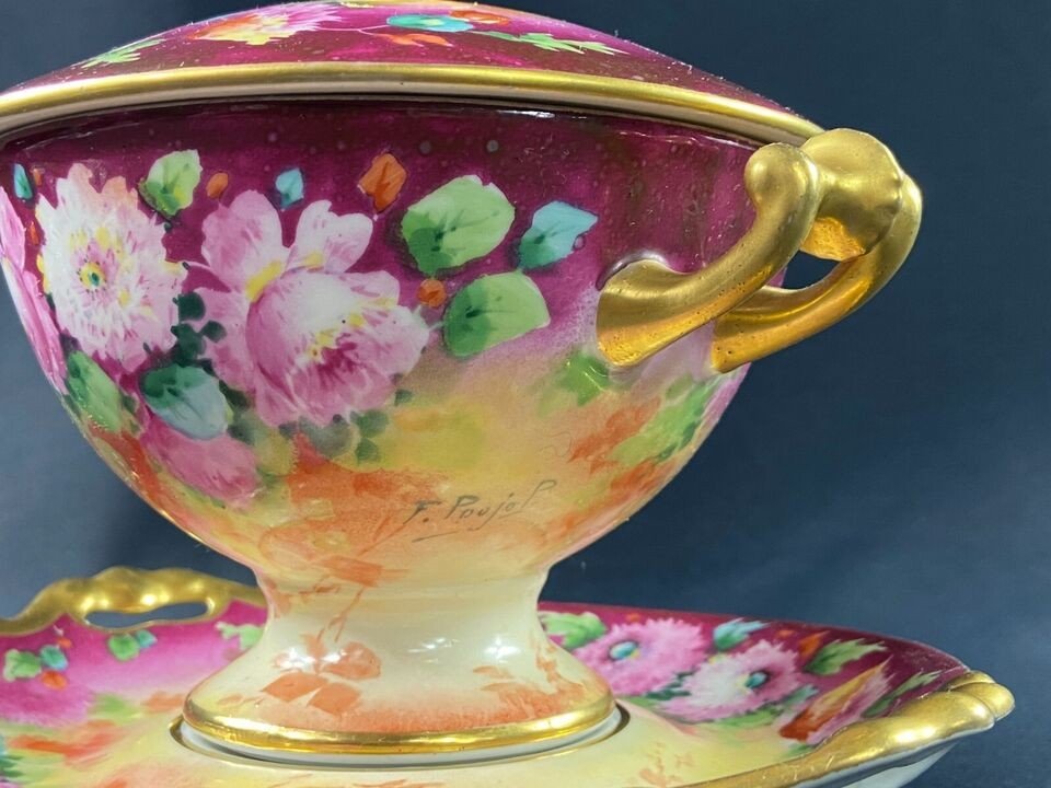 Tasse Trembleuse Confiturier Drageoir Porcelaine à Décor Floral Style Louis XV signé F. Poujol-photo-4