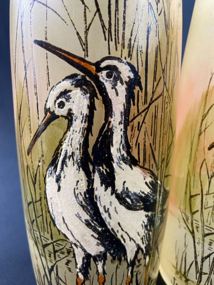 Pair Of Enameled Glass Vases With Storks Signed Jem Joseph Mure Student Of Legras-photo-2