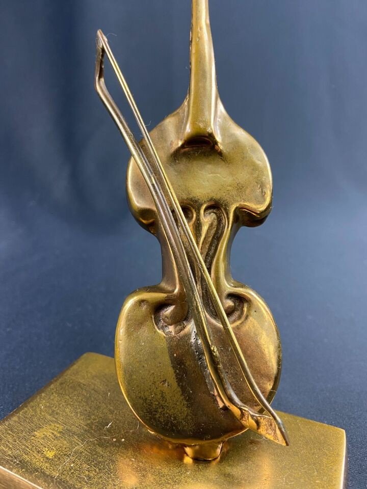 Subject Carved With Cello Bronze Violin Signed Yves Lohé-photo-2