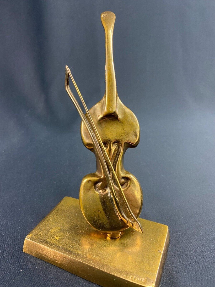 Sujet Sculpté Au Violoncelle Violon En Bronze Signé Yves Lohé