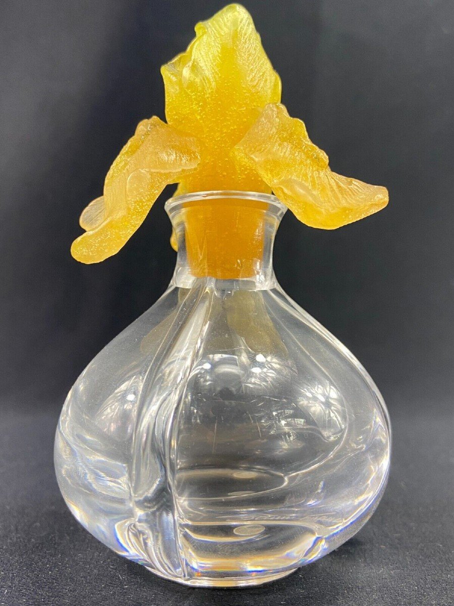 Crystal Bottle And Glass Paste With Yellow Iris Signed Daum