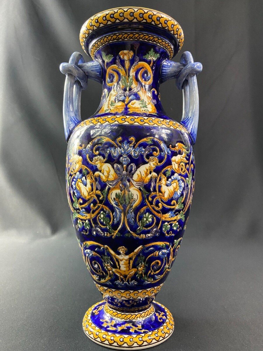 Large Vase With Handles In Gien Earthenware Renaissance Decor On Blue Background