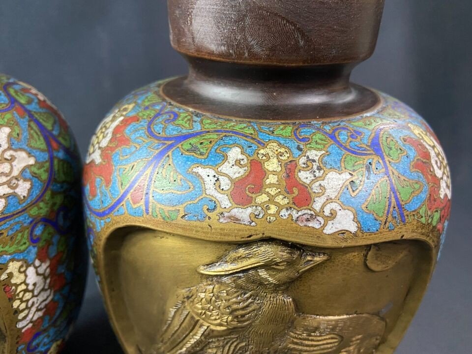 Pair Of Cloisonne Enamel Vases On Japanese Bronze Decor With Samurai And Birds-photo-1