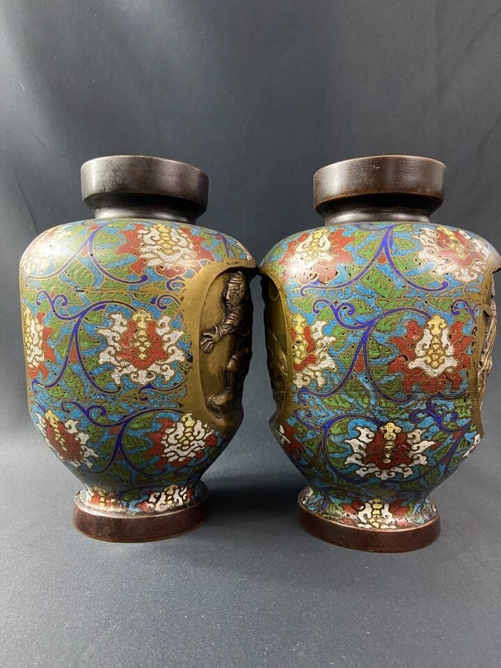 Pair Of Cloisonne Enamel Vases On Japanese Bronze Decor With Samurai And Birds-photo-3