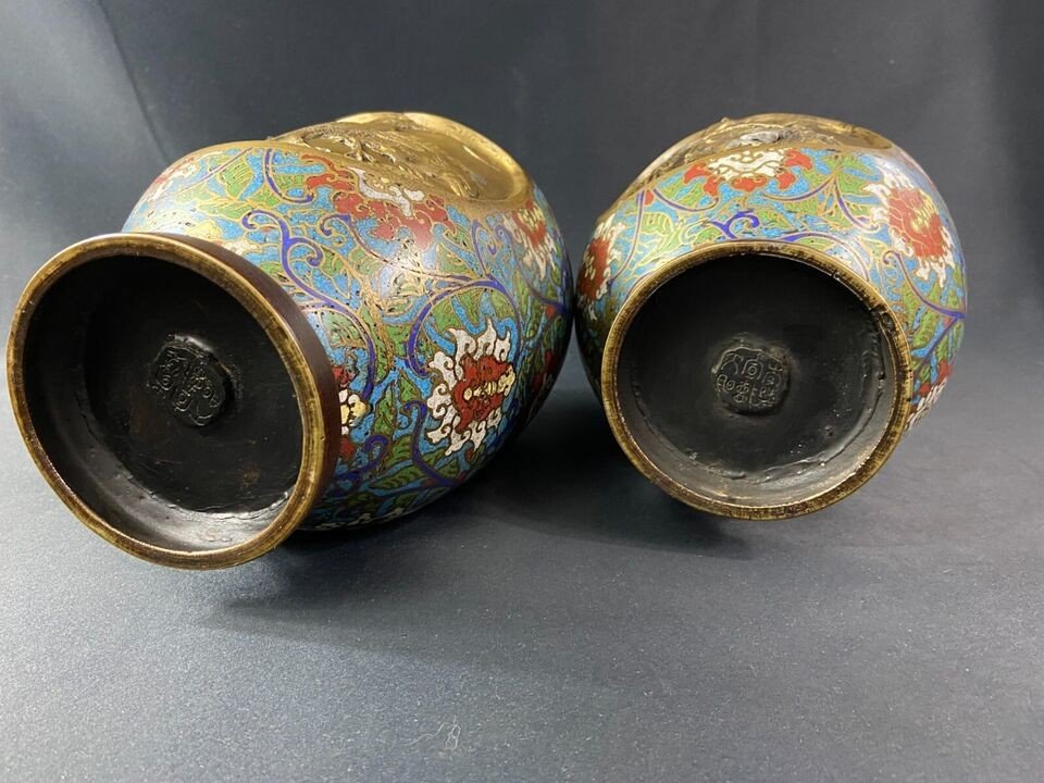 Pair Of Cloisonne Enamel Vases On Japanese Bronze Decor With Samurai And Birds-photo-7