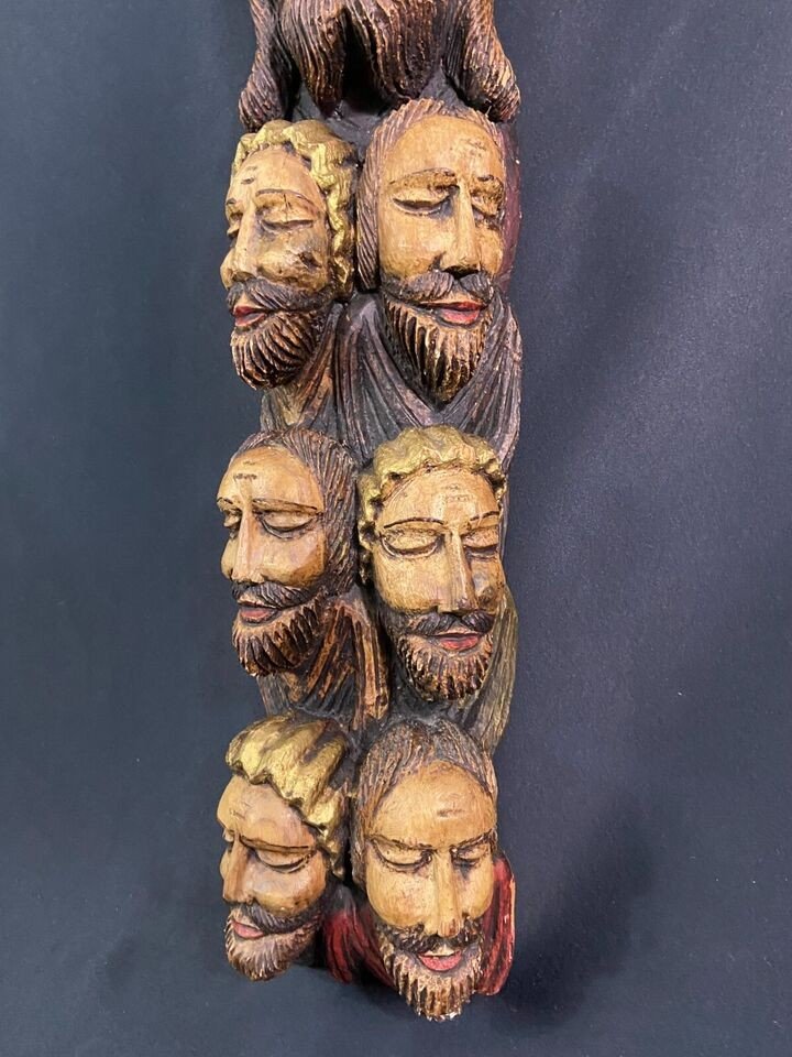 Grand Sujet Richement Sculpté En Bois Polychrome XIXe Christ 12 Apôtres Pérou-photo-2