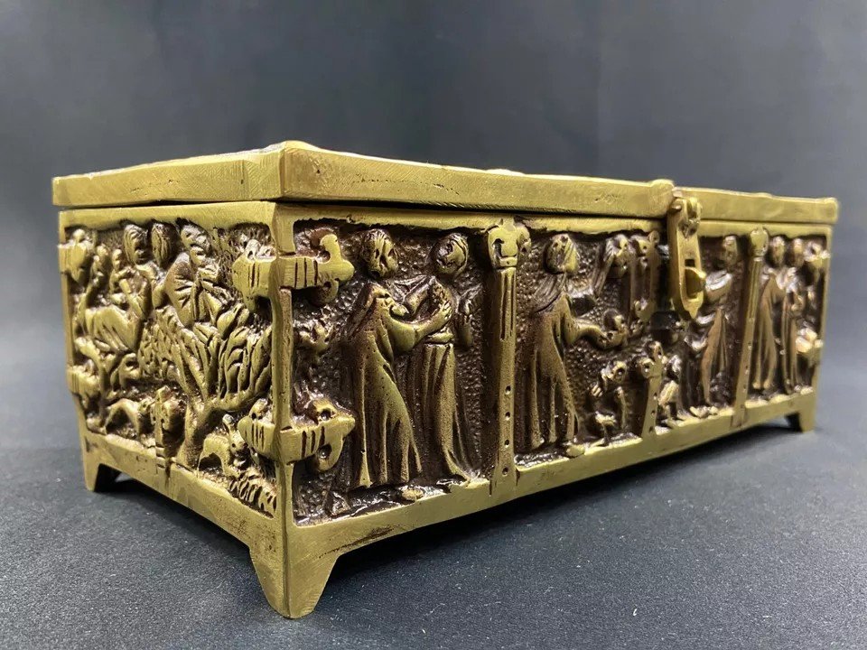 Large Rectangular Bronze Box In Neo-gothic Style, Pair Possible-photo-2