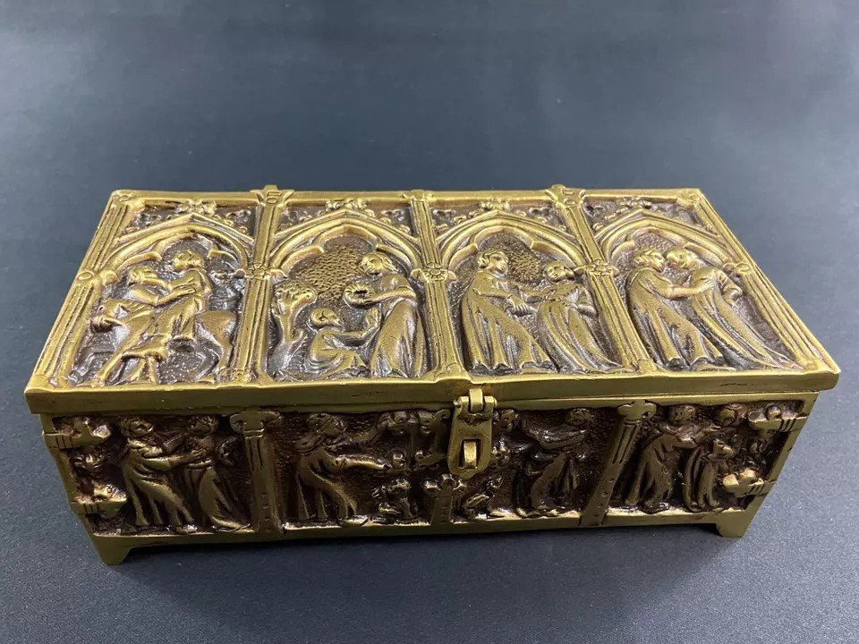 Large Rectangular Bronze Box In Neo-gothic Style, Pair Possible-photo-2